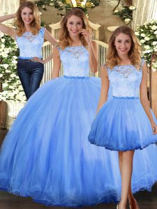 Nice Blue Quince Ball Gowns Military Ball and Sweet 16 and Quinceanera with Lace Scoop Sleeveless Clasp Handle