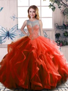 Modest Rust Red Ball Gowns Scoop Sleeveless Tulle Floor Length Lace Up Beading and Ruffles Sweet 16 Quinceanera Dress