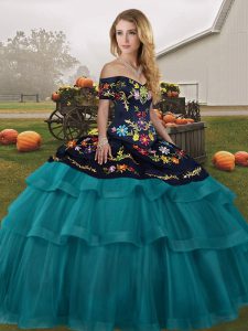Romantic Tulle Off The Shoulder Sleeveless Brush Train Lace Up Embroidery and Ruffled Layers 15th Birthday Dress in Teal 