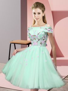  Appliques Dama Dress for Quinceanera Apple Green Lace Up Short Sleeves Knee Length