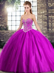Fantastic Purple Sleeveless Tulle Brush Train Lace Up 15th Birthday Dress for Military Ball and Sweet 16 and Quinceanera