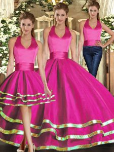Stylish Halter Top Sleeveless Lace Up Quinceanera Gowns Fuchsia Tulle