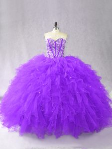 Tulle Sweetheart Sleeveless Lace Up Beading and Ruffles Vestidos de Quinceanera in Purple