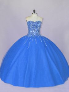 Spectacular Blue Sleeveless Floor Length Beading Lace Up Quinceanera Gown
