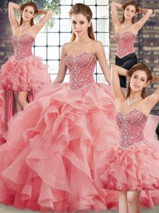 Hot Selling Watermelon Red Sweetheart Neckline Beading and Ruffles Ball Gown Prom Dress Sleeveless Lace Up