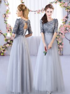 Dazzling Empire Quinceanera Court Dresses Grey Scoop Tulle Half Sleeves Floor Length Lace Up