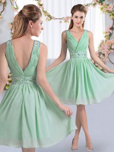 Sumptuous Knee Length Apple Green Quinceanera Court Dresses V-neck Sleeveless Zipper