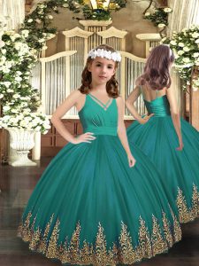 Tulle V-neck Sleeveless Zipper Embroidery Pageant Gowns For Girls in Turquoise