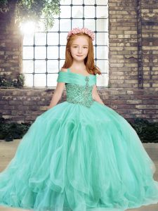 Latest Apple Green Ball Gowns Straps Sleeveless Tulle Floor Length Lace Up Beading Kids Pageant Dress