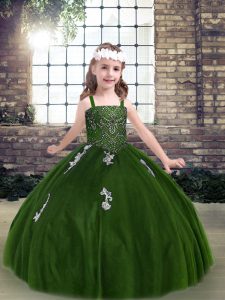  Sleeveless Tulle Floor Length Lace Up Little Girls Pageant Dress Wholesale in Green with Appliques