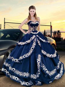 Navy Blue Half Sleeves Asymmetrical Embroidery Lace Up 15th Birthday Dress