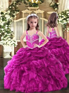  Fuchsia Sleeveless Organza Lace Up Little Girl Pageant Gowns for Party and Sweet 16 and Wedding Party