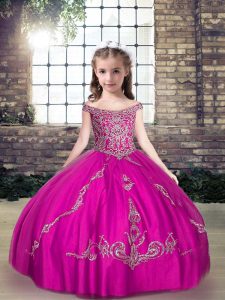 Perfect Fuchsia Ball Gowns Beading and Appliques Child Pageant Dress Lace Up Tulle Sleeveless Floor Length