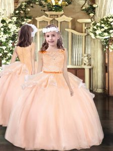 Unique Peach Zipper Little Girl Pageant Dress Lace Sleeveless Floor Length