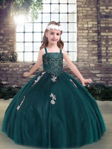  Teal Ball Gowns Spaghetti Straps Sleeveless Tulle Floor Length Lace Up Appliques Little Girls Pageant Gowns