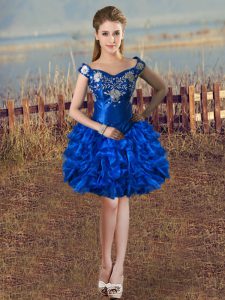 Glamorous Knee Length Royal Blue Evening Dress Organza Sleeveless Embroidery and Ruffles