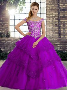  Purple Ball Gowns Tulle Off The Shoulder Sleeveless Beading and Lace Lace Up Quince Ball Gowns Brush Train