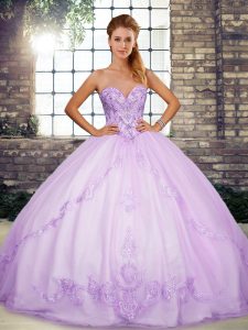 Extravagant Tulle Sweetheart Sleeveless Lace Up Beading and Embroidery Quinceanera Gown in Lavender