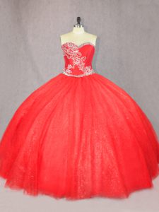 Designer Red Ball Gowns Sweetheart Sleeveless Tulle Floor Length Lace Up Beading Vestidos de Quinceanera
