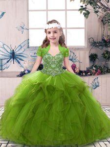  Olive Green Pageant Gowns For Girls Party and Sweet 16 and Wedding Party with Beading Straps Sleeveless Lace Up