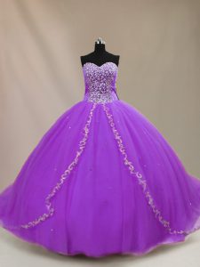  Sleeveless Beading Lace Up Quince Ball Gowns with Purple Court Train