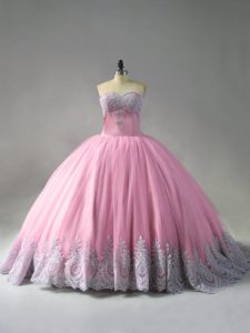 Glorious Sleeveless Tulle Court Train Lace Up Quinceanera Dresses in Pink with Beading and Appliques