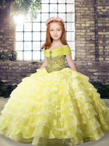  Brush Train Ball Gowns Child Pageant Dress Yellow Straps Organza Sleeveless Lace Up