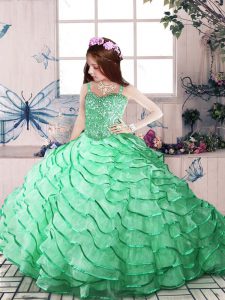  Apple Green Ball Gowns Beading and Ruffled Layers Little Girls Pageant Dress Lace Up Organza Sleeveless