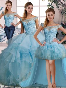  Three Pieces Sweet 16 Dresses Light Blue Off The Shoulder Organza Sleeveless Floor Length Lace Up
