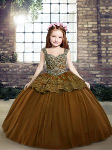  Brown Ball Gowns Tulle Straps Sleeveless Beading and Appliques Floor Length Lace Up Little Girls Pageant Gowns