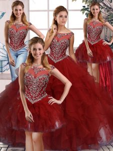 On Sale Burgundy Organza Zipper Scoop Sleeveless Floor Length Sweet 16 Dresses Beading and Ruffles