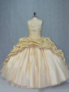  Champagne Sleeveless Brush Train Beading and Appliques Quinceanera Dress