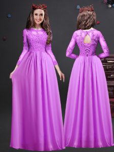  Lilac Empire Appliques Vestidos de Damas Lace Up Chiffon Long Sleeves Floor Length