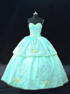  Sleeveless Floor Length Embroidery Lace Up Quinceanera Dresses with Aqua Blue