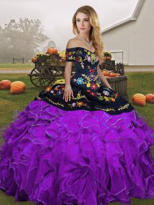  Off The Shoulder Sleeveless Organza Quinceanera Dress Embroidery and Ruffles Lace Up