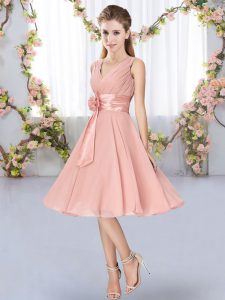 Dazzling Pink Sleeveless Knee Length Hand Made Flower Lace Up Dama Dress