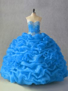  Blue Lace Up Quinceanera Gown Beading and Pick Ups and Hand Made Flower Sleeveless Floor Length