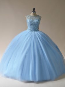  Floor Length Light Blue Sweet 16 Dresses Scoop Sleeveless Lace Up