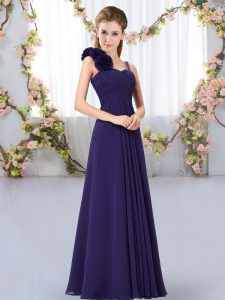 Sleeveless Chiffon Floor Length Lace Up Dama Dress for Quinceanera in Purple with Hand Made Flower