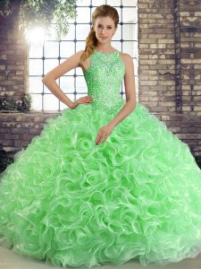 Most Popular Green Ball Gowns Fabric With Rolling Flowers Scoop Sleeveless Beading Floor Length Lace Up Sweet 16 Dresses