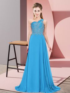 Pretty Blue Empire One Shoulder Sleeveless Chiffon Floor Length Side Zipper Beading Prom Party Dress