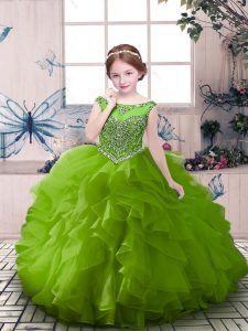 Luxurious Green Sleeveless Floor Length Beading Zipper Little Girls Pageant Dress