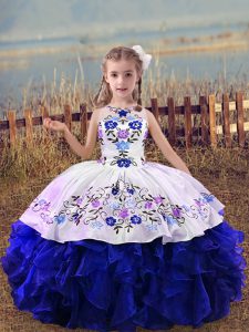 High End Royal Blue Organza Lace Up Child Pageant Dress Sleeveless Floor Length Embroidery and Ruffles