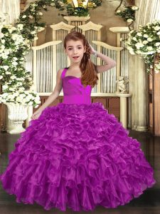 Glorious Fuchsia Straps Lace Up Ruffles and Ruching Little Girls Pageant Gowns Sleeveless