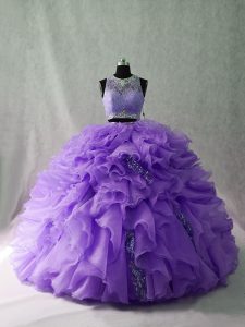  Scoop Sleeveless Brush Train Zipper Sweet 16 Quinceanera Dress Lavender Organza and Sequined