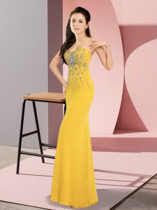 Fashionable Gold Column/Sheath Beading Prom Dress Zipper Chiffon Sleeveless Floor Length