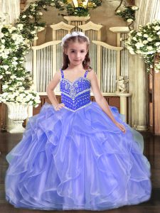 New Arrival Organza Straps Sleeveless Lace Up Beading and Ruffles Kids Pageant Dress in Lavender