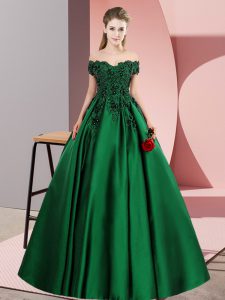 Discount A-line Quinceanera Gown Green Off The Shoulder Satin Sleeveless Floor Length Zipper