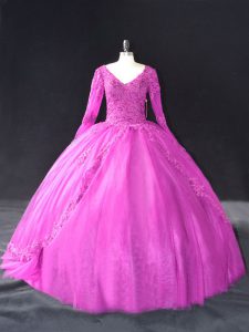  Fuchsia Ball Gowns Tulle V-neck Long Sleeves Lace and Appliques Floor Length Lace Up Ball Gown Prom Dress