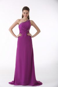  Backless Prom Dress Fuchsia for Prom and Party and Military Ball with Beading and Ruching Brush Train